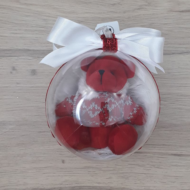 Grande boule décorée à la main. Motif : boule peluche ours rouge