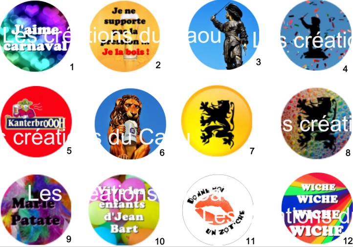 Images pour badges carnaval fait main personnalisable.