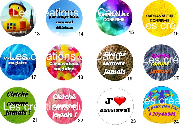 Images pour badges carnaval fait main personnalisable.