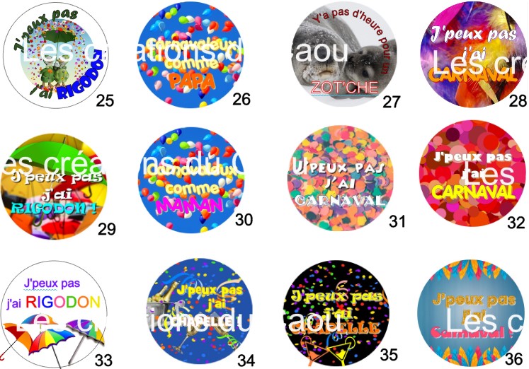 Images pour badges carnaval fait main personnalisable.